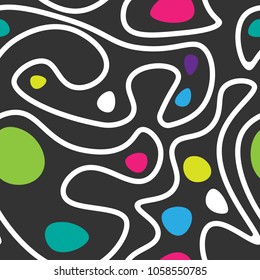 Colorful seamless pattern with polka dots and geometric shapes painted by hand. Sketch, watercolour, grunge, graffiti. Modern vector illustration.
