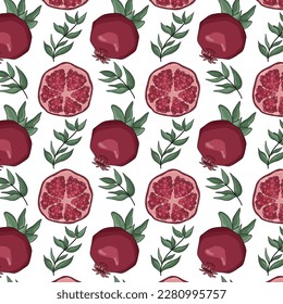 Patrón colorido y transparente con granadas y hojas. Ilustración del vector