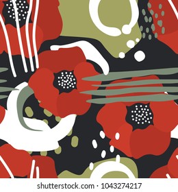 Colorful seamless pattern with poppies. Decorative bright wallpaper, good for printing. Hand drawn overlapping background, texture with decor elements, lines and shapes. Design backdrop vector