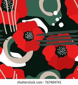 Colorful seamless pattern with poppies. Decorative bright wallpaper, good for printing. Hand drawn overlapping background, texture with decor elements, lines and shapes. Design backdrop vector