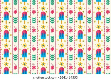 Colorful seamless pattern with popsicles, flowers, and tropical leaves. Ideal for summer-themed wrapping paper, fabrics, and kids’ products. eps10