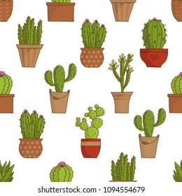 Colorful seamless pattern of pots with cactus. Vector illustration hand drawn. 
