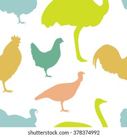 Colorful seamless Pattern for printing onto fabric. Farm bird wallpaper. Vector Illustration.