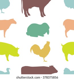 Colorful seamless Pattern for printing onto fabric. Farm Animal silhouettes. Vector Illustration.