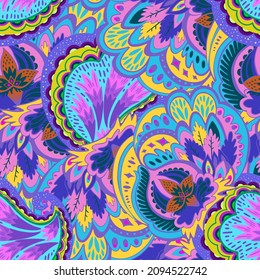 Colorful seamless pattern with psychedelic organic abstract elements, print with plant and mushrooms 