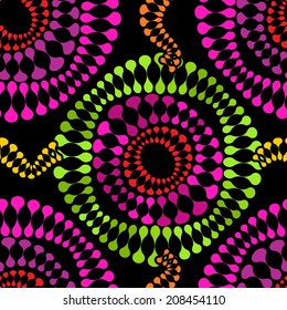 Colorful Seamless Pattern with Psychedelic Rounded Shapes on Black. Modern Mosaic