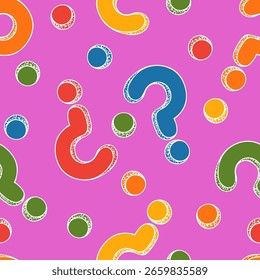 Colorful seamless pattern with question marks and white outline in sketch style. Customer service, presentation, conversation, communication, faq help