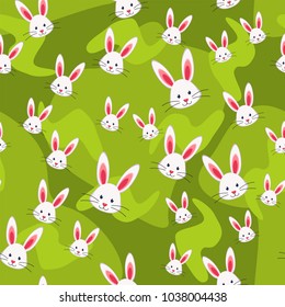 Colorful seamless pattern rabbit grass background. Easter themed vector illustration for gift card, flayer, certificate or banner, icon, logo, patch, sticker