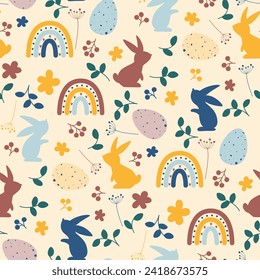 colorful seamless pattern with rabbit's silhouettes, eggs and floral ornament