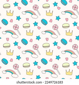 colorful seamless pattern with rainbow, macaroon, lollipop, crown and hearts