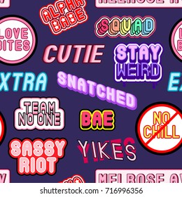 Colorful seamless pattern with rainbow patches, stickers, badges, pins with words "scream queen", "cutie", "goals af", "wicked", "stay rad",etc. Quirky funny cartoon comic style. Dark blue background.