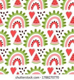 Colorful seamless pattern with rainbow, slice of watermelon and heart, in Scandinavian style. It can be used for packaging, wrapping paper, textile, home decor etc.