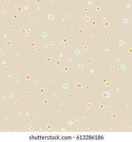 Colorful seamless pattern with random little cute geometrical shapes with white outline. Messy circles, dots, stars on beige background. Dotted texture. Geometric wrapping paper. Vector illustration.