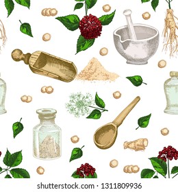 Colorful Seamless pattern realistic botanical ink sketch of ginseng root, flowers, berries, bottle, mortar and pestle isolated on white background, Medicine plant. Vintage rustic vector illustration.