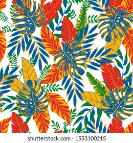Colorful seamless pattern with red and blue leaves and plants on white background. Illustration in Hawaiian style. Jungle leaves. Vector background for various surface. Exotic wallpaper.