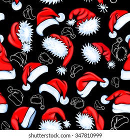 Colorful seamless pattern with red and contour santa hats on black background, for your christmas design