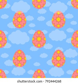 Colorful seamless pattern of red Easter eggs with flowers on a blue background with clouds. Simple flat vector illustration. For the design of paper wallpaper, fabric, wrapping paper, covers,