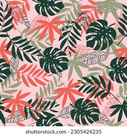 Colorful seamless pattern with red and green tropical plants. Floral seamless vector tropical pattern background with exotic leaves, jungle leaves.Exotic hawaiian style wallpaper.