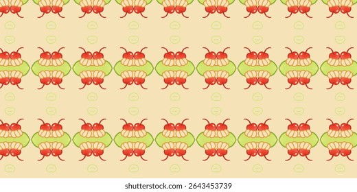 Colorful seamless pattern with red and green abstract fruit forms resembling cherries and leaves. Great for food packaging, kids’ decor, or playful textile prints.