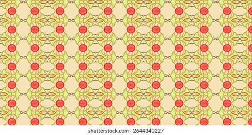 Colorful seamless pattern with red, green, and orange tones, evoking organic and food-inspired design. Ideal for culinary branding, fabric prints, or eco-friendly themes.
