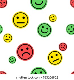 Colorful Seamless Pattern With Red, Green, Yellow Smile Faces With Positive, Neutral And Negative Mood On White Background.  Vector Illustration