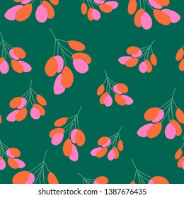 Colorful seamless pattern with red and pink flowers, on a green background, It's perfect for use on web or for print, on surface design