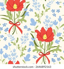 Padrão colorido sem emenda com flores de papoulas vermelhas, verde azul e buquês amarrado com fita. Design botânico decorativo para tecido, papel, embalagem, papelaria de casamento. Ilustração do vetor de verão