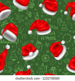 Colorful seamless pattern with red santa hats on green background with doodles, for your christmas design