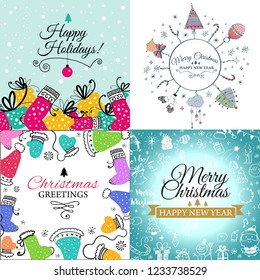 Colorful seamless pattern with red santa hats on blue background with doodles, for your christmas design