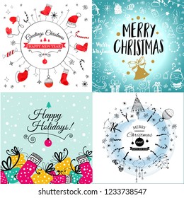 Colorful seamless pattern with red santa hats on blue background with doodles, for your christmas design