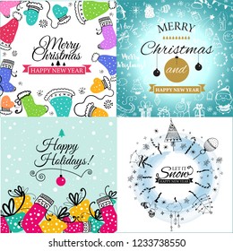 Colorful seamless pattern with red santa hats on blue background with doodles, for your christmas design