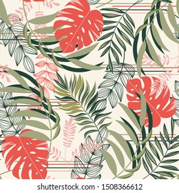 Colorful seamless pattern with red tropical plants. Floral seamless vector tropical pattern background with exotic leaves, jungle leaf. Seamless vector texture. Exotic wallpaper, Hawaiian style.