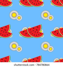 Colorful seamless pattern of red watermelons and small white flowers on a blue background. Simple flat vector illustration. For the design of paper wallpaper, fabric, wrapping paper, covers, 