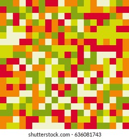 Colorful seamless pattern in retro 8bit style - pixel (squares) in 5 brights colors of green, red, orange and tan