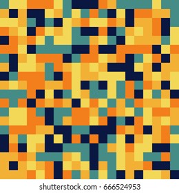 Colorful seamless pattern in retro 8bit style - pixel (squares) in solid colors - yellow, blue, dark blue, orange (brick)

