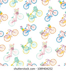Colorful seamless pattern. Retro bicycles with flowers in a basket on a white background