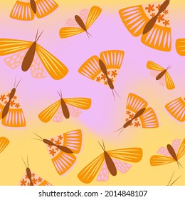 Colorful seamless pattern with Retro cartoon moth and butterfly on mesh gradient background. Vector hand drawn flat illustrations. Editable Vector.