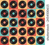 Colorful seamless pattern with retro vinyl records. Vector background in flat style.	
