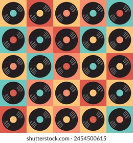 Colorful seamless pattern with retro vinyl records. Vector background in flat style.	