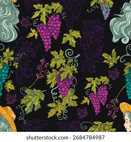 Colorful seamless pattern with ripe grape berries and portrait of beautiful girl against black background for fabric, wallpaper, scrapbooking. Cartoon vector illustration