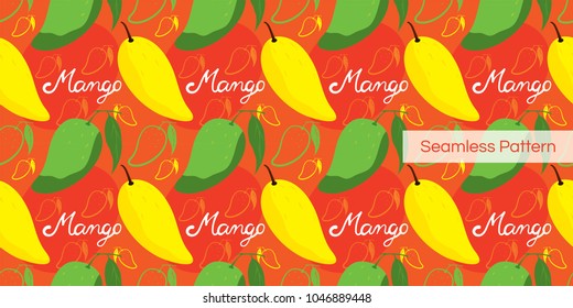 Colorful seamless pattern of ripe yellow and raw green mangos with hand written word "Mango" on super bright orange background