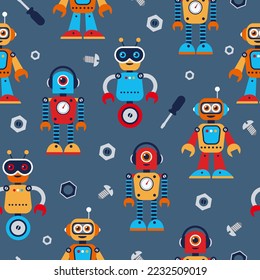 Colorful seamless pattern with robots and tools in flat style. Cute cartoon robots endless texture for fabric, baby clothes, background, textile, wrapping paper. Vector illustration.