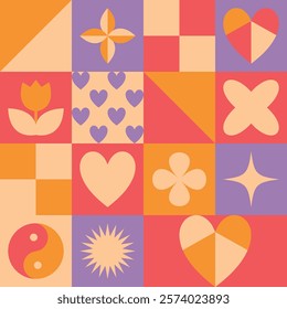 Colorful Seamless Pattern With Romantic Prints. Geometric Icons For Valentine's Day in retro style. Great Postcards, Greetings Flyer, promotions, prints. Vector