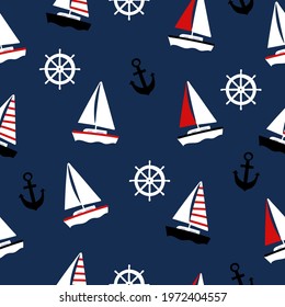 Colorful seamless pattern with sailboat, anchor and steering wheel.