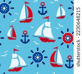 Colorful seamless pattern with sailing ship, anchor, steering wheel in flat style. Marine endless texture for fabric, baby clothes, background, textile, wrapping paper. Vector illustration.