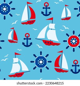 Patrón ininterrumpido colorido con barco de vela, ancla, volante de dirección de estilo plano. Textura sin fin marina para tela, ropa de bebé, fondo, textil, papel de envoltura. Ilustración vectorial.