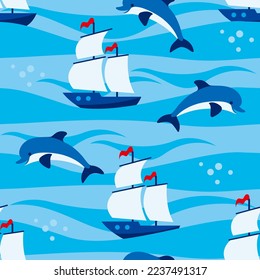 Colorful seamless pattern with sailing ship, wave, dolphin in flat style. Marine endless texture for fabric, baby clothes, background, textile, wrapping paper. Vector illustration.