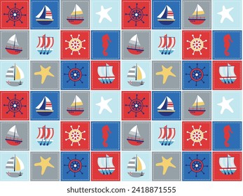 Colorful seamless pattern with sailing ship, anchor, steering wheel in flat style. Marine endless texture for fabric, baby clothes, background, textile, wrapping paper. Vector illustration.