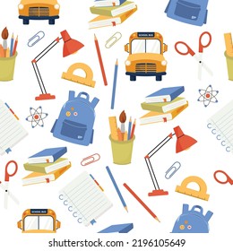 Colorful seamless pattern with school supplies and crayons. Back to school background. Colored vector flat illustration