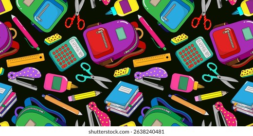 colorful seamless pattern with school supplies and backpacks on black background, back to school vector design for students, kids, education and stationery use